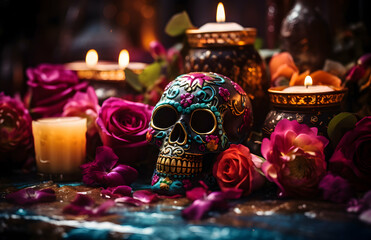 Photo Skull and Flowers Day of The Dead 1st November  - obrazy, fototapety, plakaty