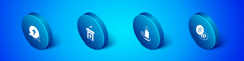Set Isometric Christian cross, Burning candle in candlestick, bread and Church sermon tribune icon. Vector