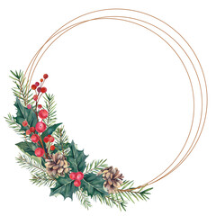 Christmas wreath with mistletoe and fir branches. Watercolor illustration on a white background. New Year and Christmas.