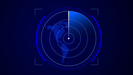 Digital technology radar screen on world map scanning different information illustration background.