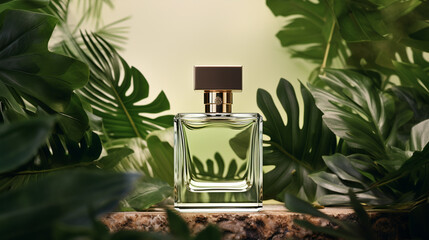 empty glass bottle with blank surface mockup, product photography with tropical leaves background