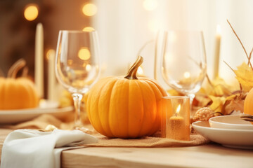 Autumn table decoration with pumpkins for halloween and thanksgiving