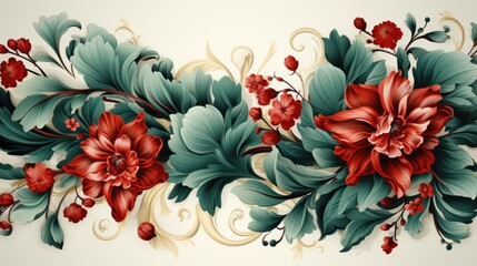 A painting of red and green flowers on a white background. AI image.