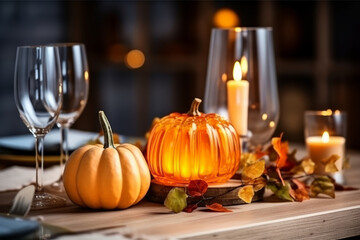 Autumn table decoration with pumpkins for halloween and thanksgiving