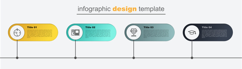 Set line Graduation cap, Award cup, Computer monitor and Clock. Business infographic template. Vector