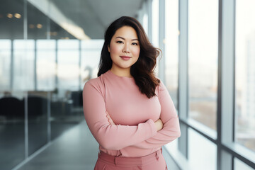 Plus size manager asian businesswoman CEO confident and standing front of modern office