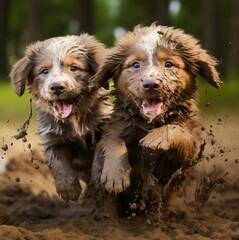 Two puppy running and play on the mud