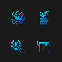 Set line Credit card, Magnifying glass and euro, Gear with percent and Dollar plant. Gradient color icons. Vector