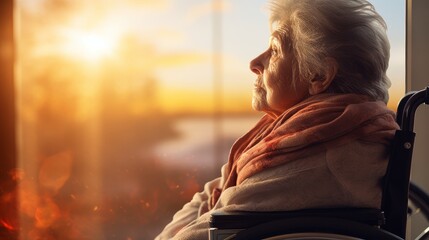 old woman in a wheelchair looking at the sunset from the nursing home window - obrazy, fototapety, plakaty