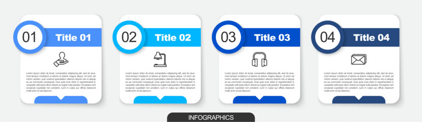 Set line Hand for search a people, Table lamp, Headphones and Envelope. Business infographic template. Vector