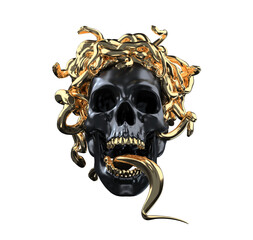 Concept illustration 3D rendering of screaming black skull with golden teeth and tongue wearing a medusa snakes hair headpiece isolated on grey background.