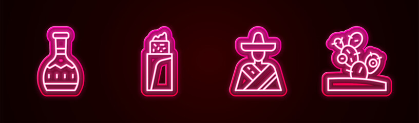 Set line Tequila bottle, Burrito, Mexican man sombrero and Cactus. Glowing neon icon. Vector