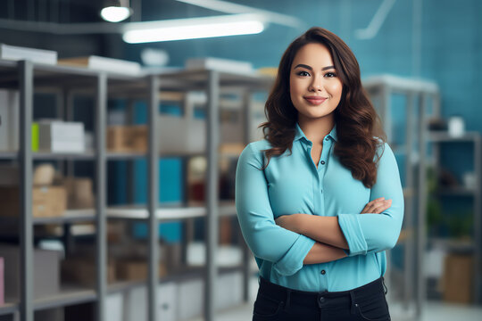 Attractive asian businesswoman CEO confident and staning front of modern office