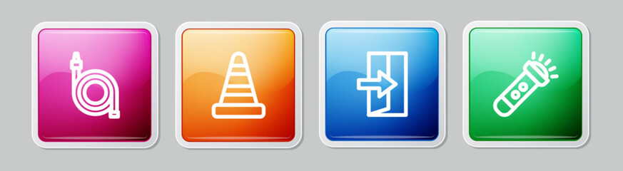 Set line Fire hose reel, Traffic cone, exit and Flashlight. Colorful square button. Vector
