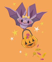Happy Halloween. illustration of a cute bat carrying a bag of candy