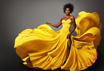 Fashion Woman in Yellow Silk Dress flowing on Wind. Dark Skinned Model with Afro Hairstyle in Long Fantasy Gown over Gray. Happy Stylish Girl dancing