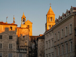 Split croatia, old town street and palace at sunset