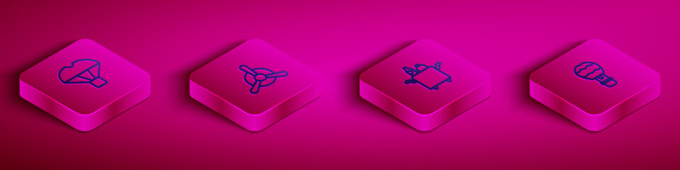 Set Isometric line Box flying on parachute, Plane propeller, Trolley for food and Hot air balloon icon. Vector