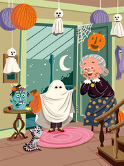 illustration of a child in a ghost costume going trick or treating at a grandmother's house