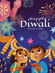 happy diwali day. festival of lights. illustration of two children holding candles under the sparkling light of fireworks