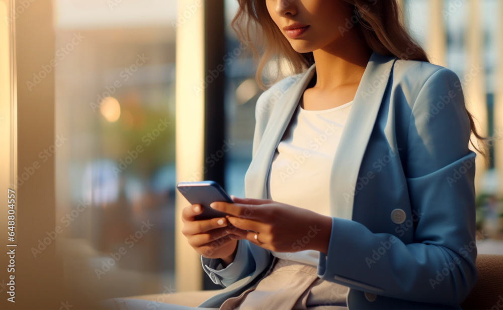 Wall mural Business woman in office by window on mobile phone studying newsletter and latest text messages from her partners. Generative Ai