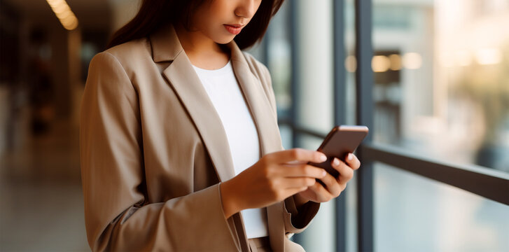 Businesswoman On Mobile Phone Studying Newsletter While Standing Near Window In Office. Generative Ai