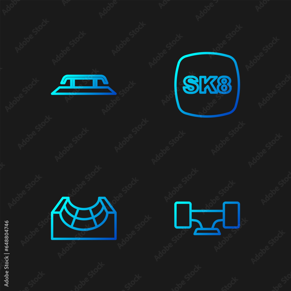 Sticker Set line Skateboard wheel, park, stairs with rail and . Gradient color icons. Vector