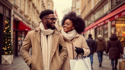 Happy couple shopping before Christmas. Generative AI