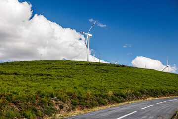 Windmill turbine with a blue sky and green field