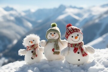 Obraz premium Happy snowmans in mountains, copy space. generative ai.