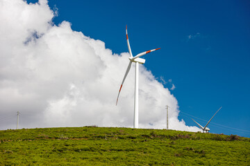 Windmill turbine with a blue sky and green field