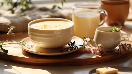 Obraz na płótnie Canvas Cups of tasty steaming milk soup on wooden board, closeup. AI Generative