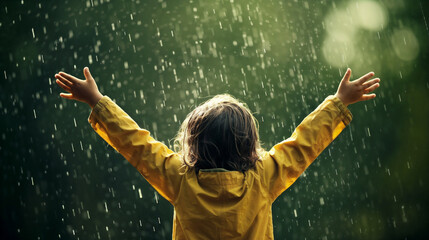 child enjoying the rain outdoors. Generative AI - obrazy, fototapety, plakaty