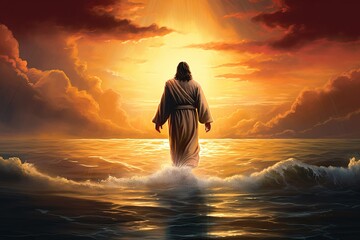 The figure of Jesus walks on water on a beautiful dramatic sunset  background.  Generative AI