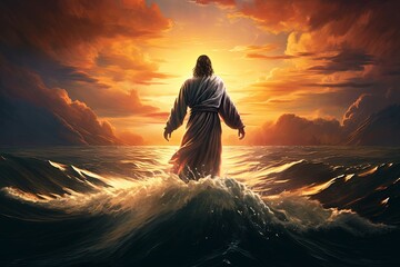 The figure of Jesus walks on water on a beautiful dramatic sunset  background.  Generative AI