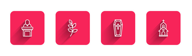 Set line Church pastor preaching, Willow leaf, Coffin and building with long shadow. Red square button. Vector