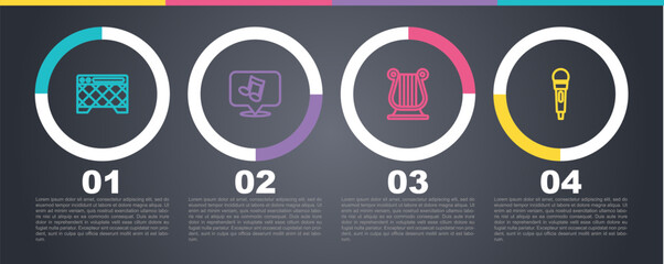 Set line Guitar amplifier, Music note, tone, Ancient Greek lyre and Microphone. Business infographic template. Vector