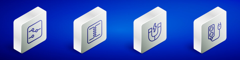 Set Isometric line Switch in electronic circuit, Electrical transformer, Magnet and extension icon. Vector
