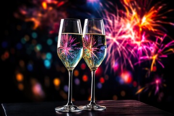 Two wine glasses with a background of colorful fireworks copy space