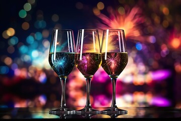 Three wine glasses with a background of colorful fireworks copy space