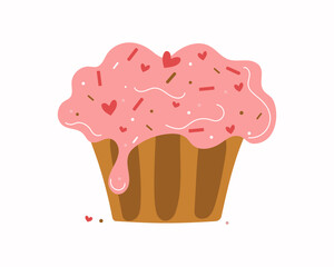 Cake and hearts. Sweets Day. Sweet cream cake . Valentines Day, wedding, decor.  Design for cards. Vector illustration. Isolated background.	