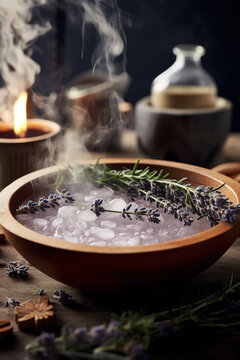 Macro shot of steam rising from a wooden bowl filled with hot water, surrounded by winter spa essentials like dried lavender and eucalyptus