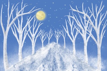 満月輝く冬空の下、雪の降り積もった白い並木道の背景イラスト。