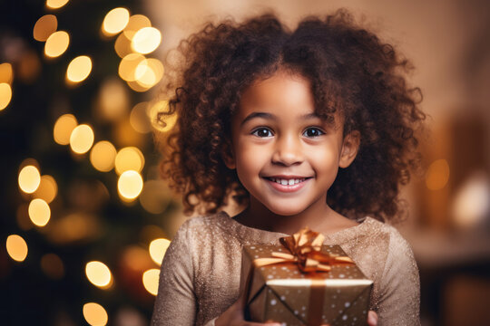 African girl smile shaking christmas present, happy child gets gift