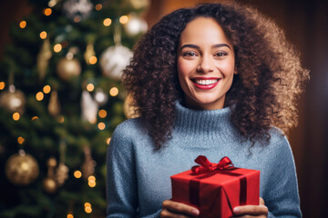 African woman smile shaking christmas present, happy female gets gift