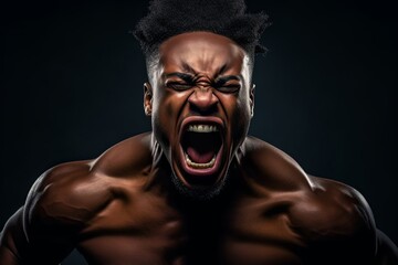 Fototapeta na wymiar angry young black man expressing rage against the system shouting and yelling , very muscular and powerful setting boundaries with society, Generative AI 