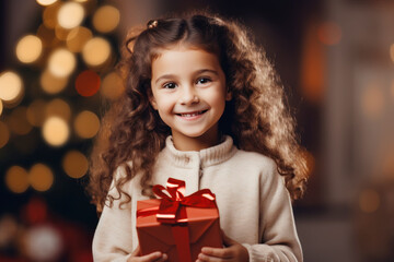Fototapeta na wymiar Brunette girl smile shaking christmas present, happy child gets gift
