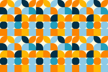 Colorful geometric mosaic seamless pattern illustration with creative abstract shapes. Modern scandinavian style background print. Trendy bright symbols and minimalist shape texture, geometry collage.