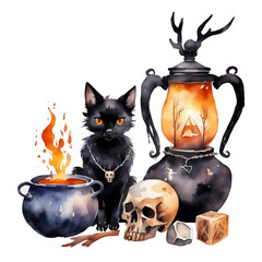 Black magic cat with skull, cauldron and lantern