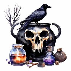 Black raven, cauldron and skull